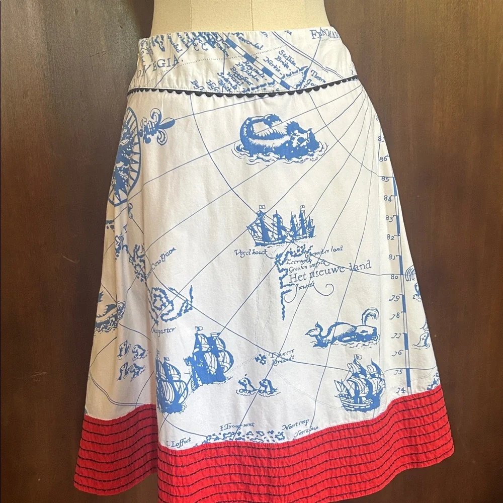 Y2K Seafarers Map Ship Embroidery Ric Rac Skirt 6P - Picture 11 of 14